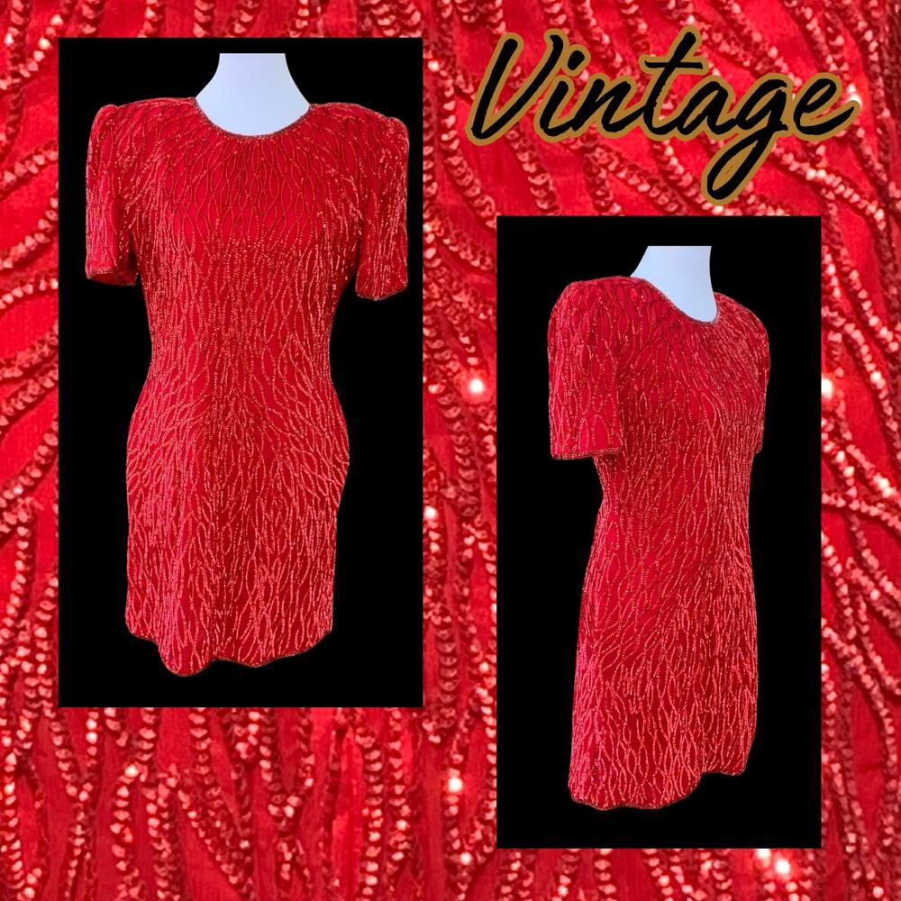 Vintage Red Sequin Cocktail Party Dress Christmas Valentines Special Occasion